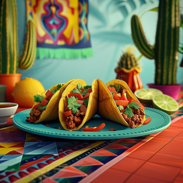 Zdjęcie 3d renderowane zdjęcia meksykańskich tradycyjnych potraw podawanych w meksykańskiej restauracji