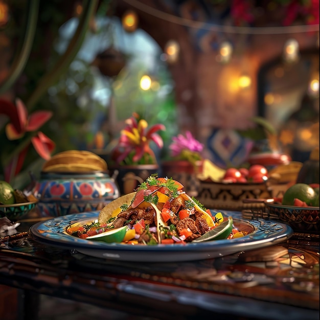 3D renderowane zdjęcia meksykańskich tradycyjnych potraw podawanych w meksykańskiej restauracji