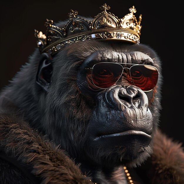 3d renderowane zdjęcia realistycznego goryla noszącego okulary przeciwsłoneczne i królewską koronę jest przyjazny i współ
