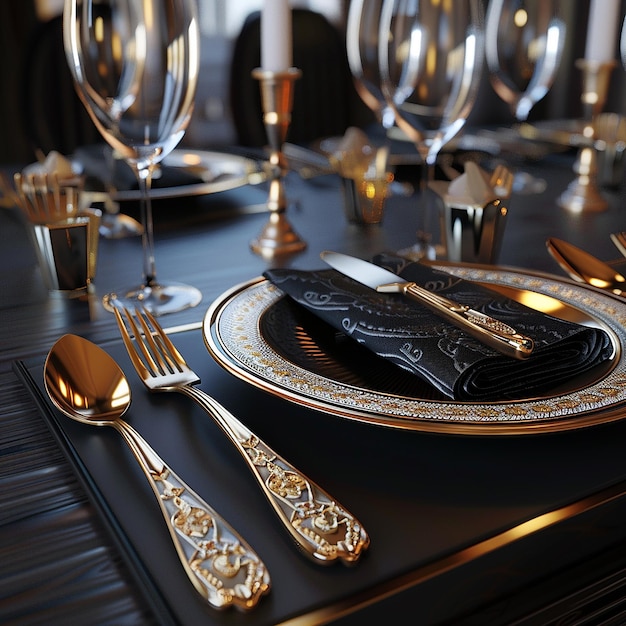 Zdjęcie 3d renderowane zdjęcia sztućców ustawionych na stole w luksusowej restauracji