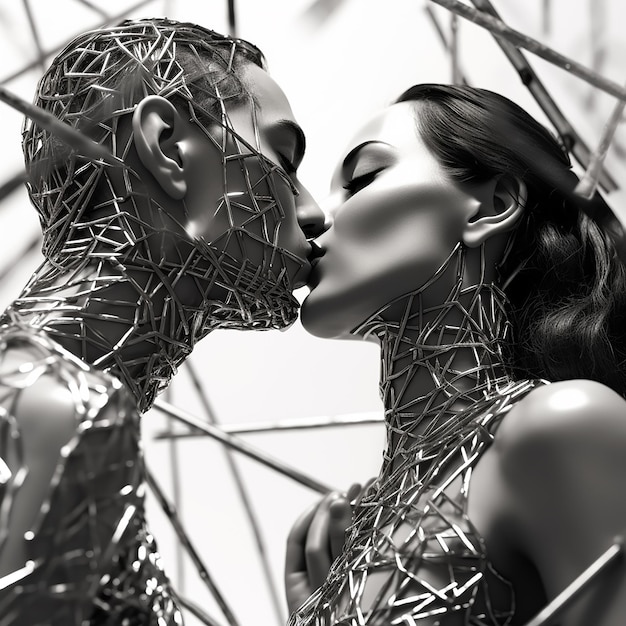 3d renderowane zdjęcie czarno-białego pocałunkowego portretu pary