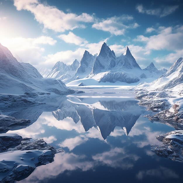 3d renderowane zdjęcie ilustracji Fantasy Mountains z dużą ilością śniegu i jeziora