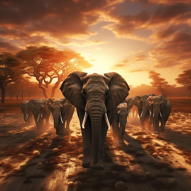 3d renderowane zdjęcie stada słoni na tle zachodu słońca
