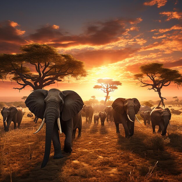 3d renderowane zdjęcie stada słoni na tle zachodu słońca