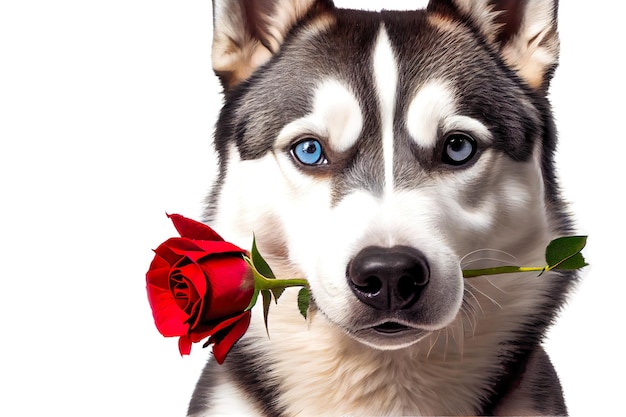 3D renderowania adorable przeznaczone do walki radioelektronicznej psa Siberian Husky gospodarstwa czerwona róża w ustach na białym tle