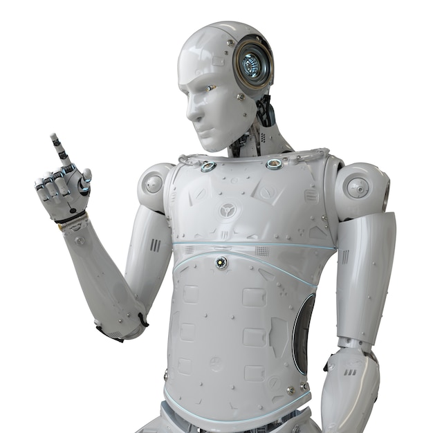 3d renderowania humanoidalny palec wskazujący robota na białym tle