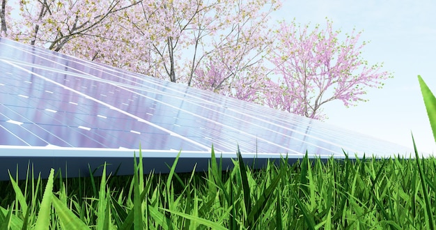 3d renderowania ilustracja ogniwa słoneczne siatka niebieski panel alternatywny czysty zielony natura koncepcja energii.