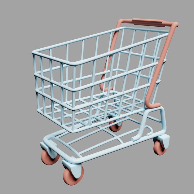 3d renderowania ilustracja wózek na zakupy lub wózek w stylu kreskówki niebieski i czerwony pastelowy kolor