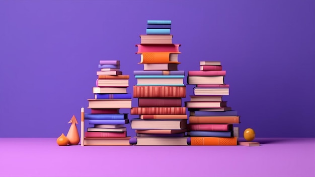 3D renderowania kolekcji kolorowych książek na fioletowym tle Generative AI