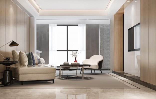 Zdjęcie 3d renderowania luksus i nowożytny żywy pokój z tkaniny kanapą