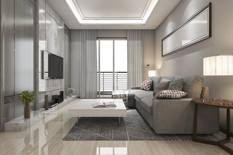 Zdjęcie 3d renderowania luksus i nowożytny żywy pokój z tkaniny kanapą