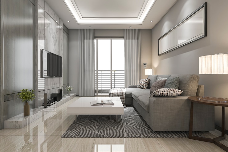 Zdjęcie 3d renderowania luksus i nowożytny żywy pokój z tkaniny kanapą
