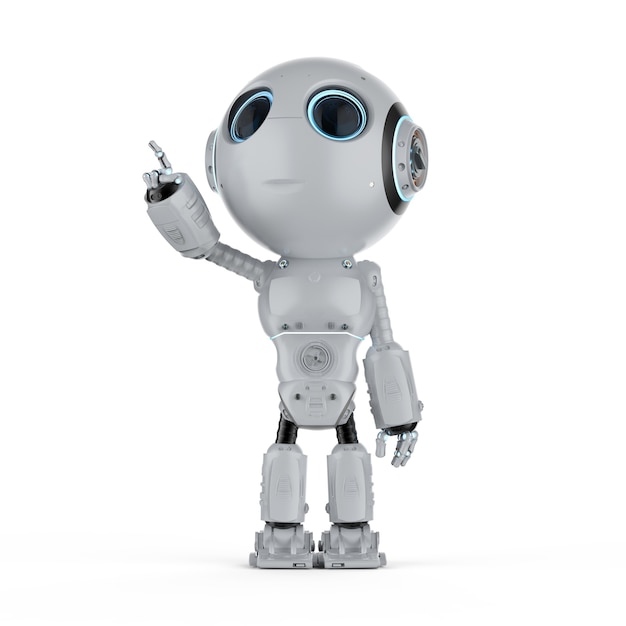 3d renderowania mini robota punkt palca na białym tle