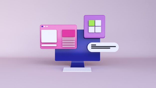 3d renderowania monitora pc i ilustracja deski rozdzielczej dla sieci web