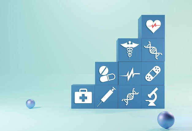Zdjęcie 3d renderowania niebieski sześcian układania opieki zdrowotnej koncepcja ubezpieczenia medycznego