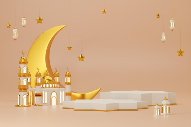 3d renderowania obrazu tła podium tematu ramadan i eid fitr z islamskimi obiektami dekoracyjnymi