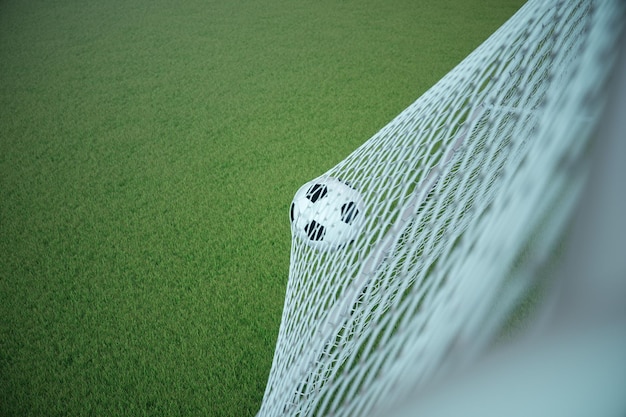 3d renderowania piłki nożnej w bramce. Piłka w siatce z reflektorami i stadion jasnym tłem, koncepcja sukcesu. Piłka nożna z zieloną trawą