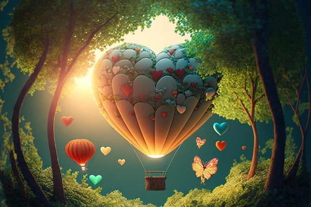 3d renderowania serca, chmury, latający balon na ogrzane powietrze, romantyczne wiosenne tło lasu