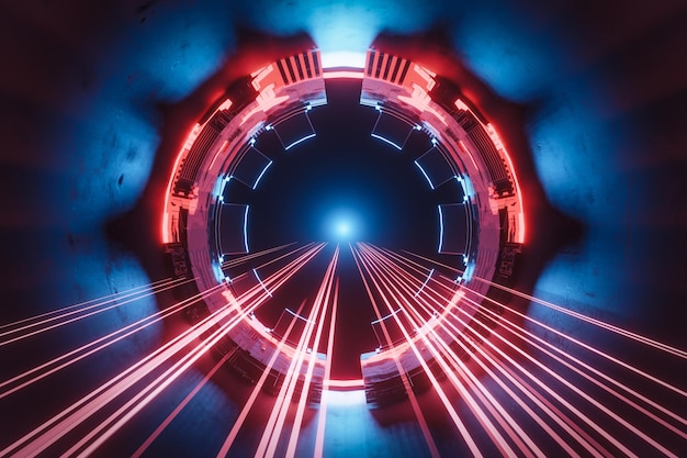 3d renderowania streszczenie sci fi i technologii tła. Metalowy tunel z czerwonym szlakiem świetlnym.