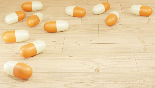 3d renderowania tła pomarańczowe pigułki rozrzucone na drewnianej podłodze dla stron internetowych temat apteki