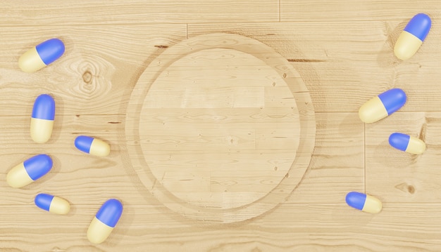 3d renderowania w tle pigułki medyczne rozrzucone wokół drewnianego podium dla aptek na stronach internetowych