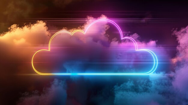 3D renderowanie abstrakcyjne chmury oświetlone neonowym światłem ikona chmury na ciemnym nocnym niebie świecące neo