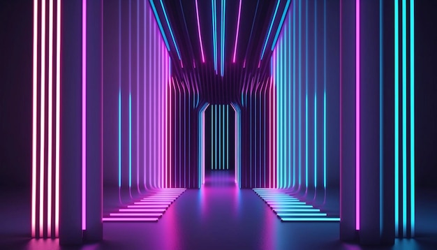3d renderowanie abstrakcyjne minimalne tło pionowe różowe niebieskie neonowe linie świecące w widmie ultrafioletowym Ai generowane