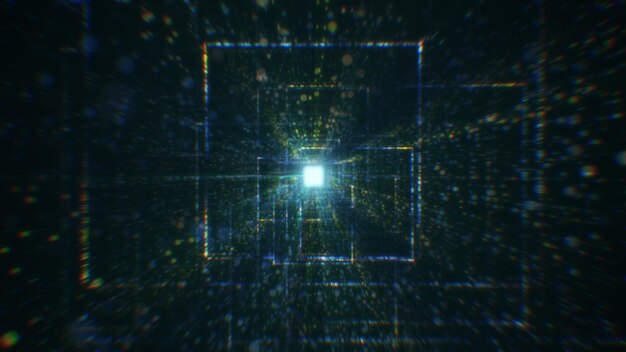 3D renderowanie abstrakcyjnego cyfrowego tunelu w cyberprzestrzeni wykonanego z cząstek