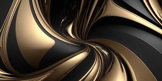 3D renderowanie abstrakcyjnego falowego tła metalicznego w kolorach czarnym i złotym