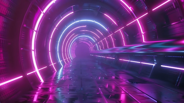 3D renderowanie abstrakcyjnego futurystycznego tła z neonowymi światłami i elementami holograficznymi w tunelu kosmicznym