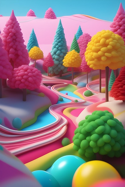3D renderowanie abstrakcyjnego krajobrazu z kolorowymi drzewami i pastelowymi kolorami