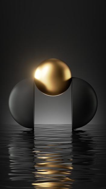 3D renderowanie abstrakcyjnej minimalnej sceny z prostymi kształtami geometrycznymi półkulą i złotą kulą