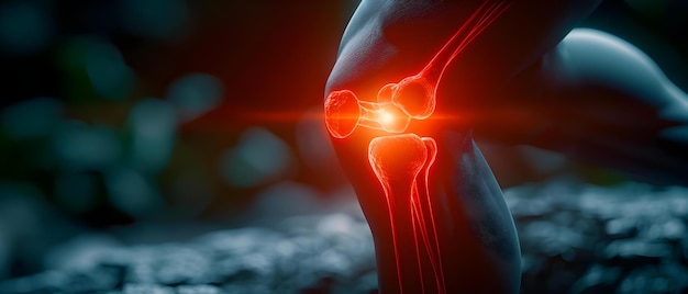 3D renderowanie anatomicznie prawidłowego kolana z czerwonym blaskiem symbolizującym ból stawów Koncepcja Anatomia Ból kolana Rendering 3D Ilustracja medyczna Zdrowie stawów