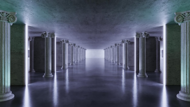 3D renderowanie betonowego tunelu podziemnego z starożytnymi kolumnami abstrakcyjne tło tunelu betonowego geometryczne Futurystyczna architektura wnętrz