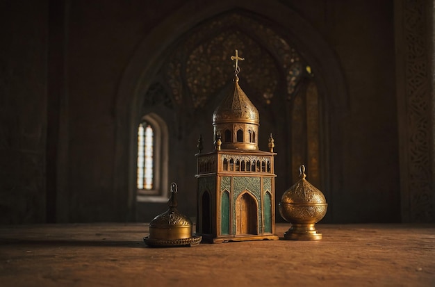 3D renderowanie błyszczącego złotego meczetu na wydarzenie islamskie