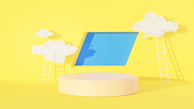 3d renderowanie cylindra podium z abstrakcyjnym tłem, chmurami nieba, klatką schodową do wyświetlania produktu product