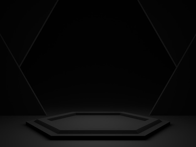 Zdjęcie 3d renderowanie czarnego tła ciemny pokój geometryczny podium