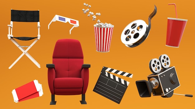 3D renderowanie elementów przemysłu filmowego bilety do kamer popcorn krzesło kinowe do reklamy kina