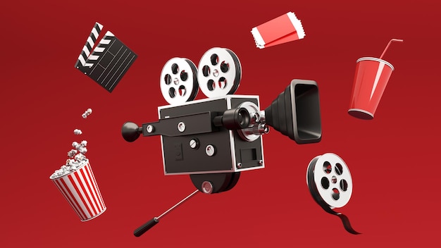 3D renderowanie elementów przemysłu filmowego bilety do kamer popcorn krzesło kinowe do reklamy kina