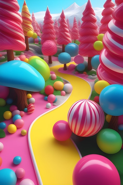 3D renderowanie fantastycznego krajobrazu z drzewami i balonami