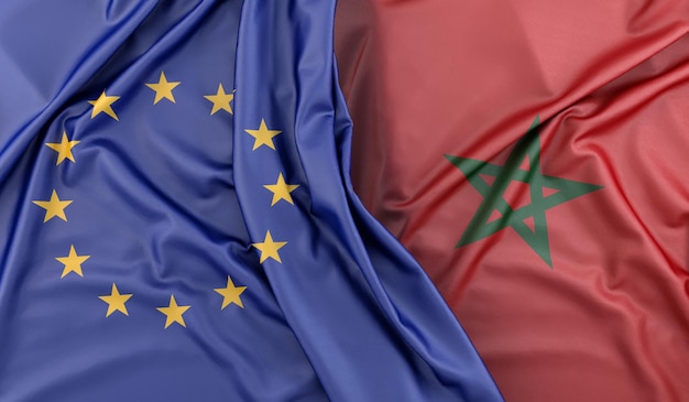 3D renderowanie flagi Unii Europejskiej i Maroka