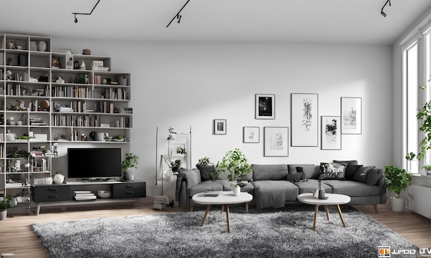 3d renderowanie fotografii loft skandynawski pokój dzienny ze stołem roboczym i półką na książki