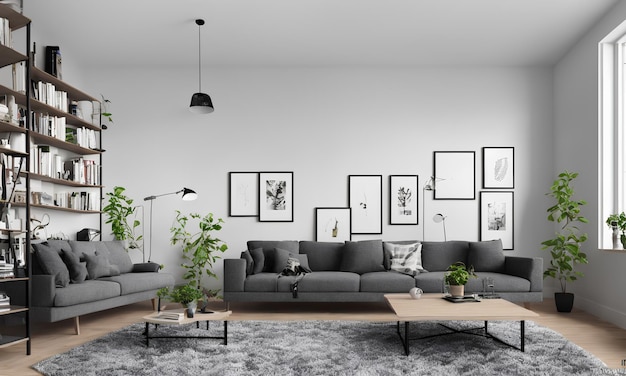 3d renderowanie fotografii loft skandynawski pokój dzienny ze stołem roboczym i półką na książki