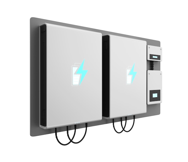 3d renderowanie garażu domowego z izolowanym ładowarką eV i systemem przechowywania energii