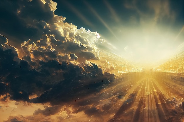 3D renderowanie Gates świateł nieba we mgle powyżej tła błękitnego nieba