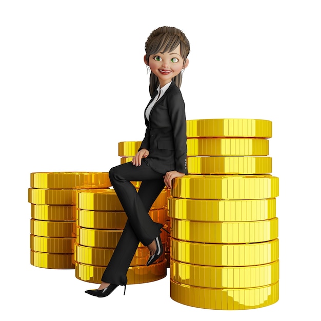 3D renderowanie ilustracji bizneswoman siedzi na stosie złotych monet