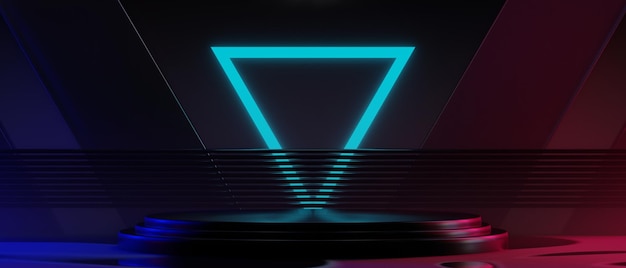 3d renderowanie ilustracji futurystycznego cyberpunkowego miasta gry scifi scena wyświetlacz tło cokołu gracz transparent znak neon blask stojak podium