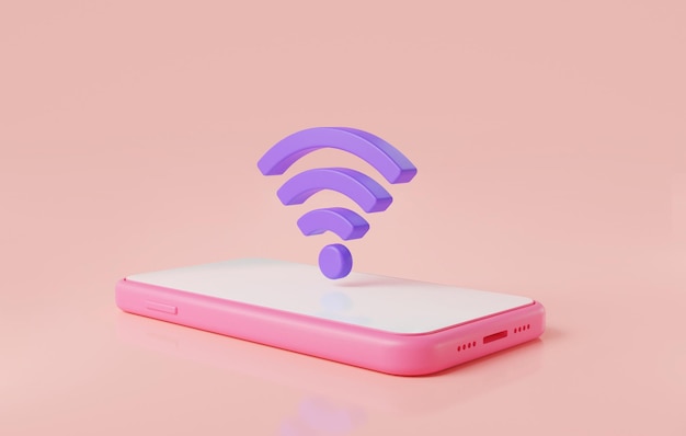 3d renderowanie ilustracji ikony WIFI z telefonem komórkowym na różowym tle bezprzewodowy internet Połączenie Wi-Fi sieć bezprzewodowa bezpłatny Internet połączyć się z bezprzewodowym internetem Koncepcja włączona w trybie Wi-Fi