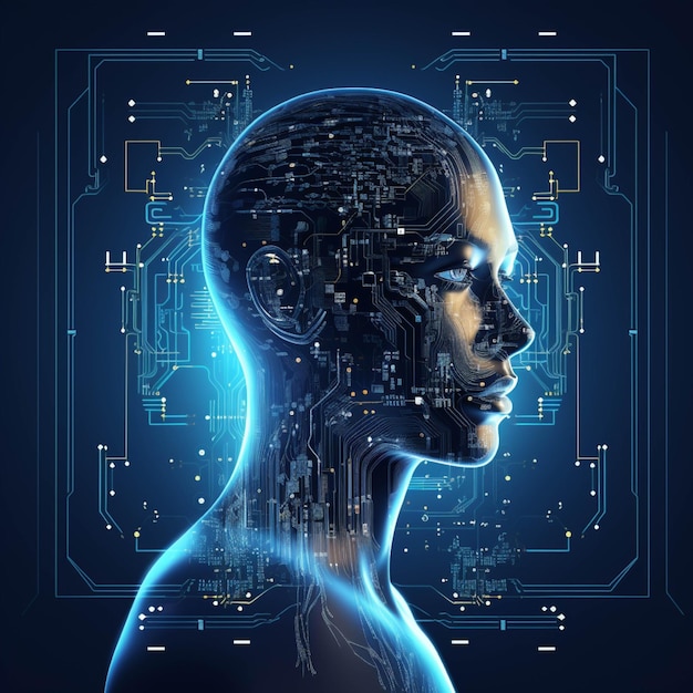 3D renderowanie kobiety cyborga z obwodem mózgu na niebieskim tle