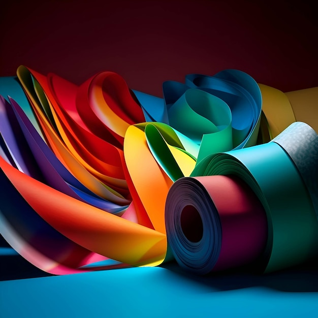 3D renderowanie kolorowych rolek papieru origami na ciemnym tle
